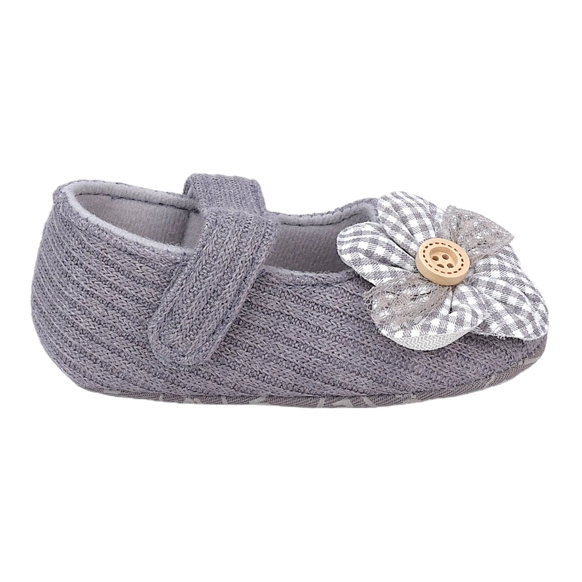 Baby Moo Flower Button Velcro Strap Ribbed Anti-Skid Ballerina Booties - Grey