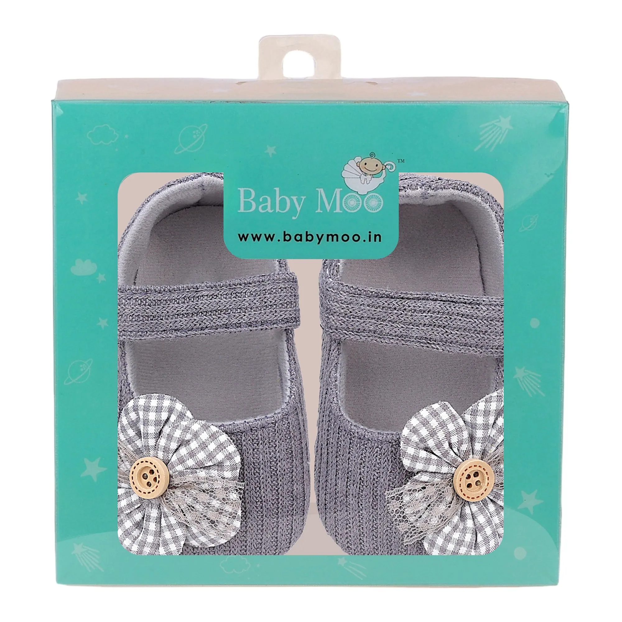 Baby Moo Flower Button Velcro Strap Ribbed Anti-Skid Ballerina Booties - Grey