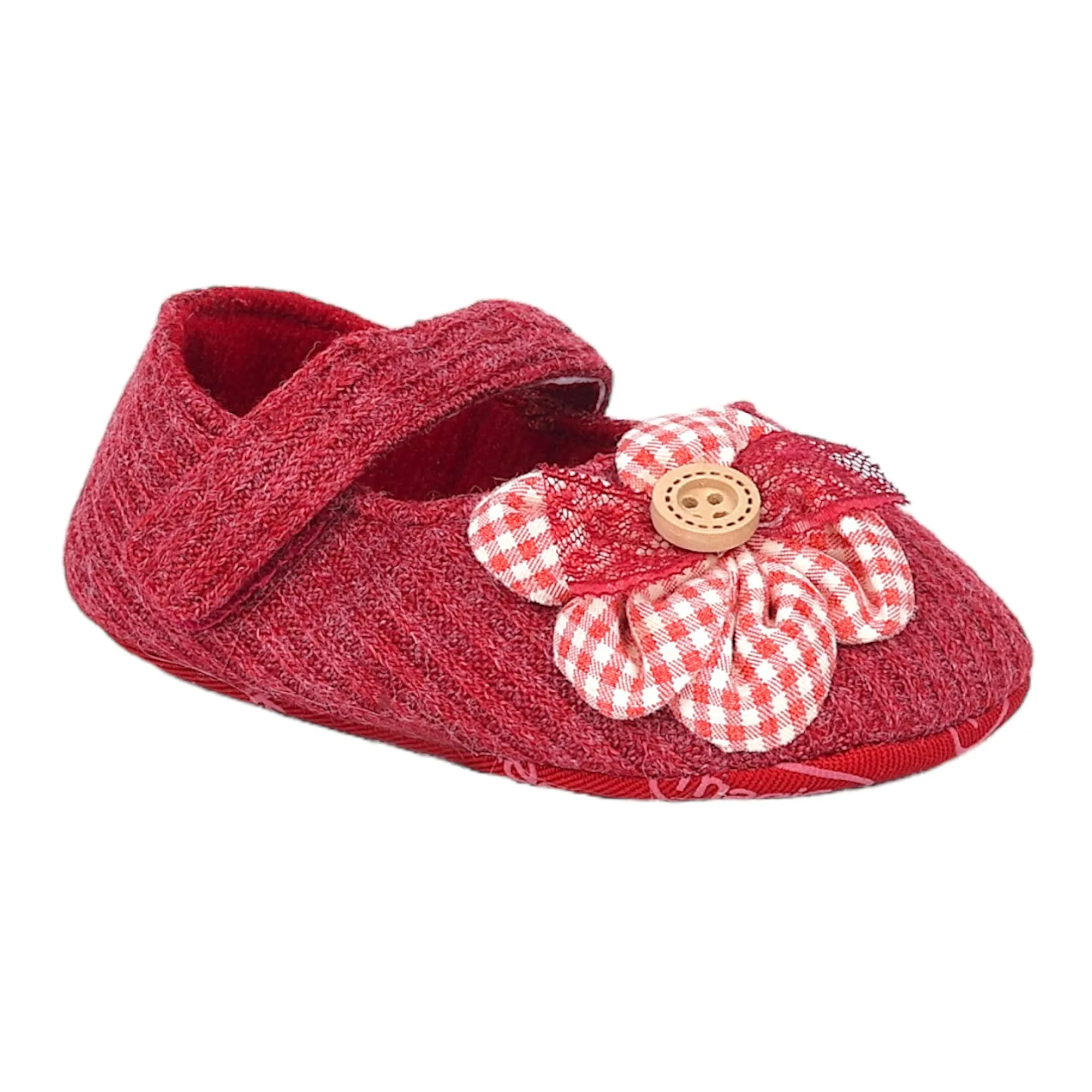 Baby Moo Flower Button Velcro Strap Ribbed Anti-Skid Ballerina Booties - Red