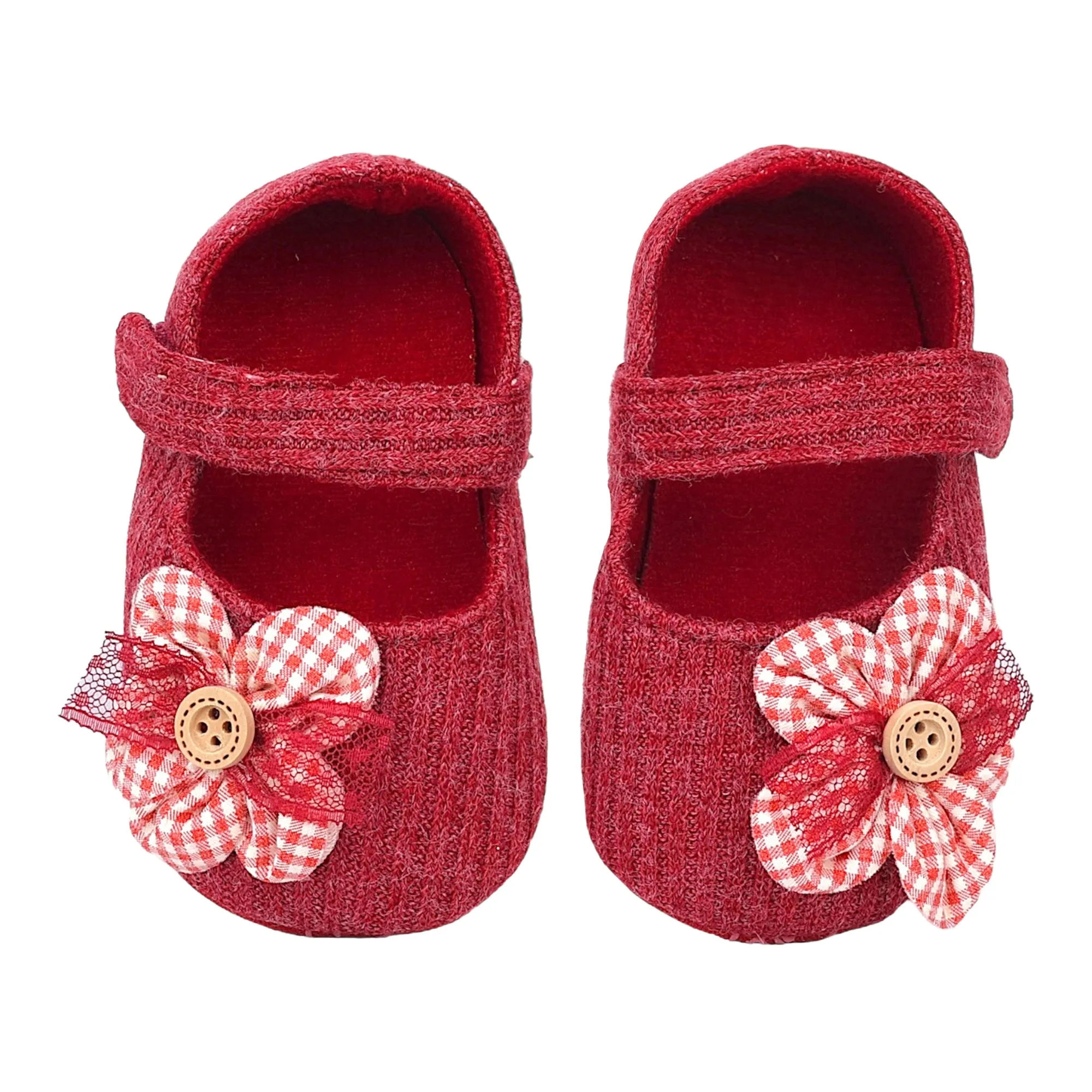 Baby Moo Flower Button Velcro Strap Ribbed Anti-Skid Ballerina Booties - Red