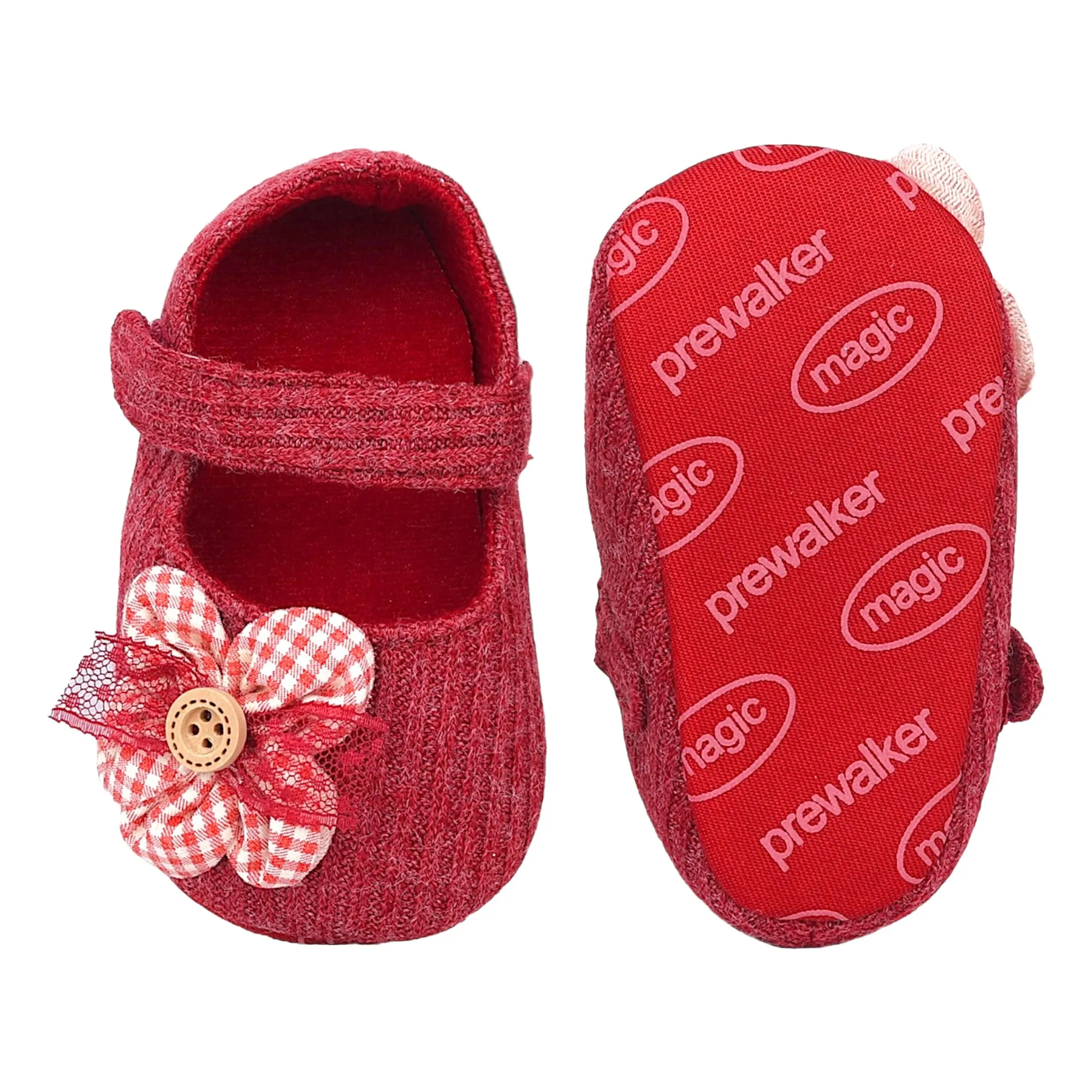 Baby Moo Flower Button Velcro Strap Ribbed Anti-Skid Ballerina Booties - Red
