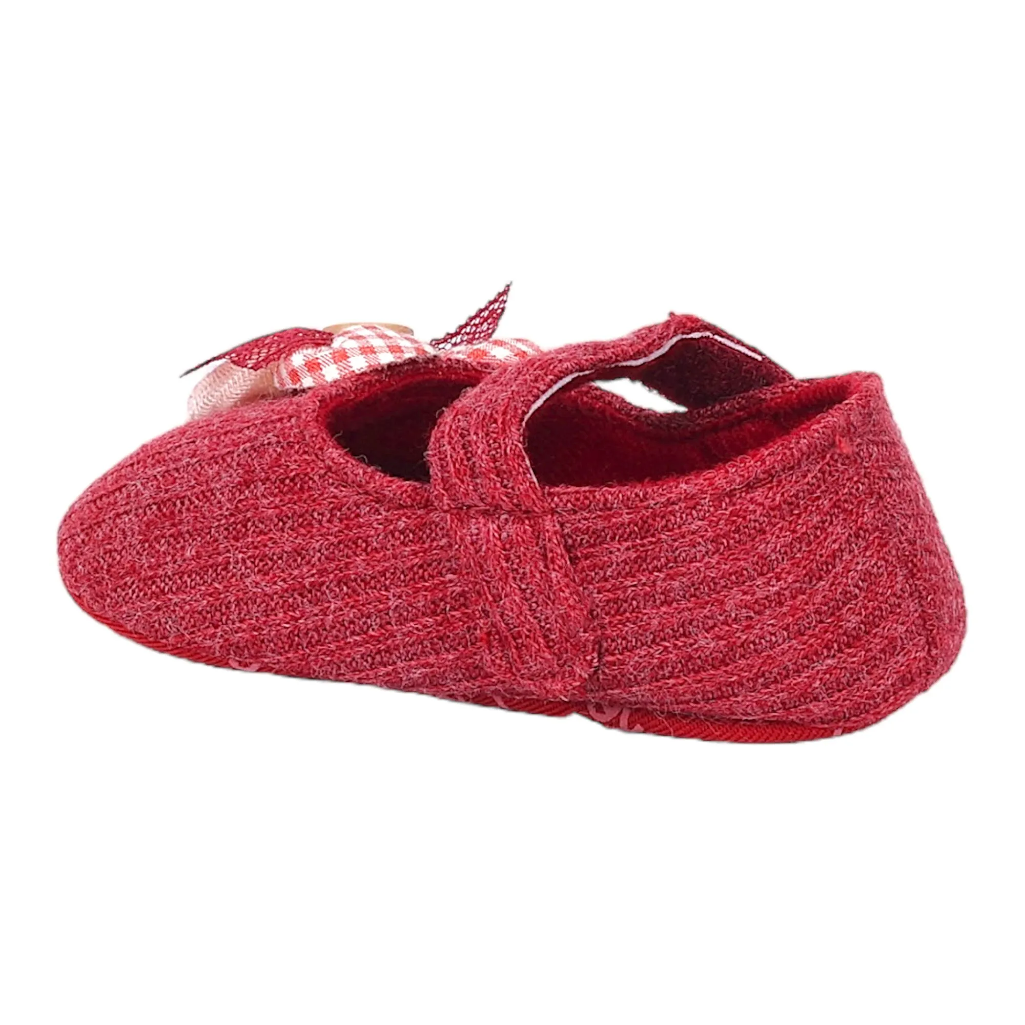 Baby Moo Flower Button Velcro Strap Ribbed Anti-Skid Ballerina Booties - Red