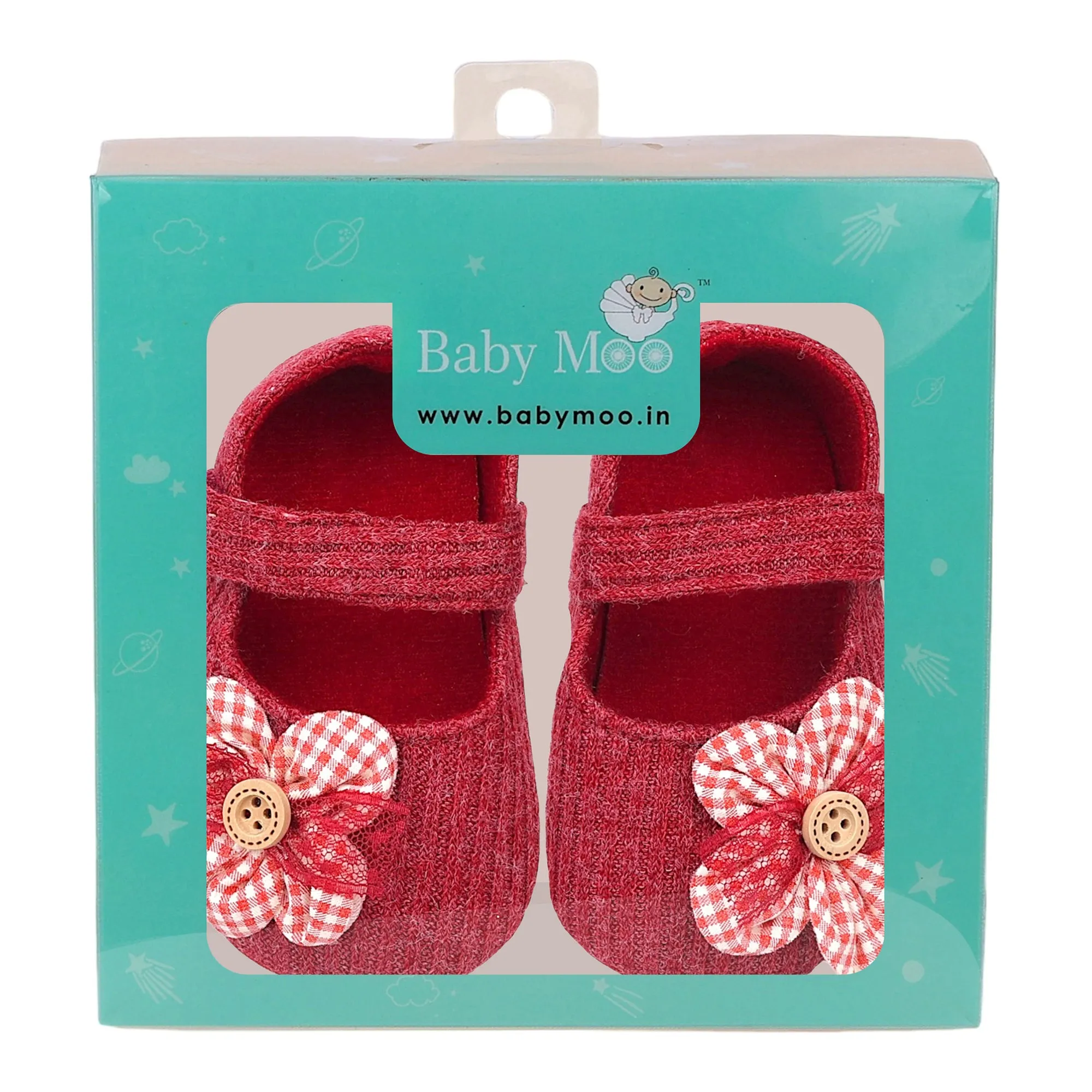 Baby Moo Flower Button Velcro Strap Ribbed Anti-Skid Ballerina Booties - Red