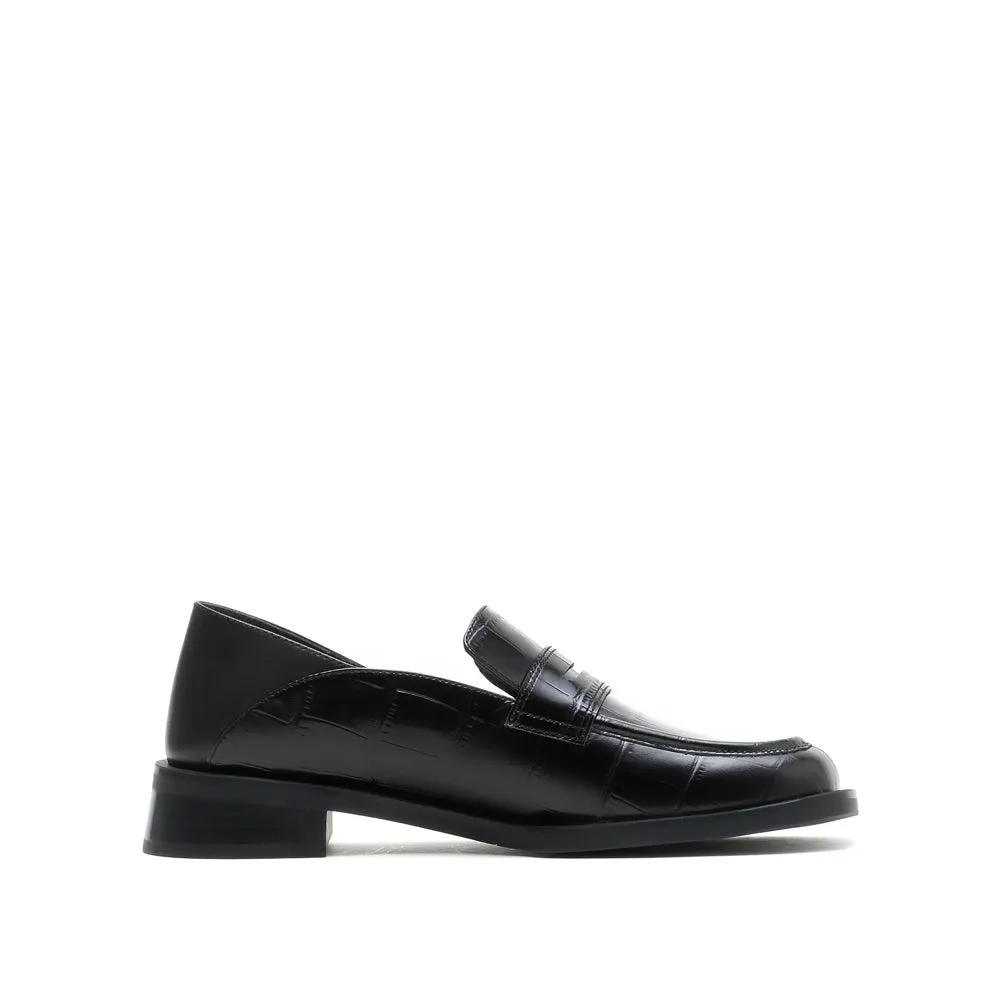 Black Vintage Embossed Leather Penny Loafers