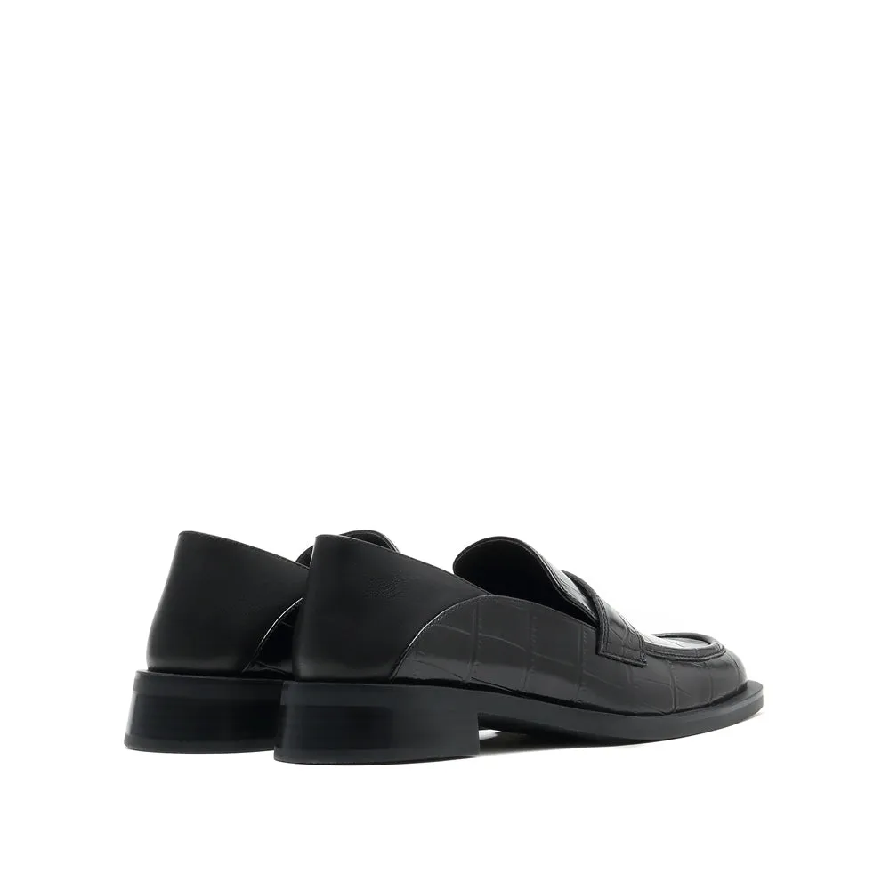 Black Vintage Embossed Leather Penny Loafers