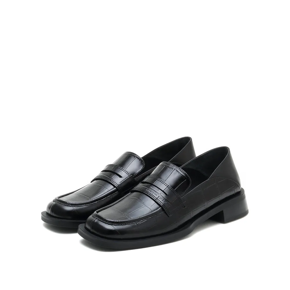 Black Vintage Embossed Leather Penny Loafers