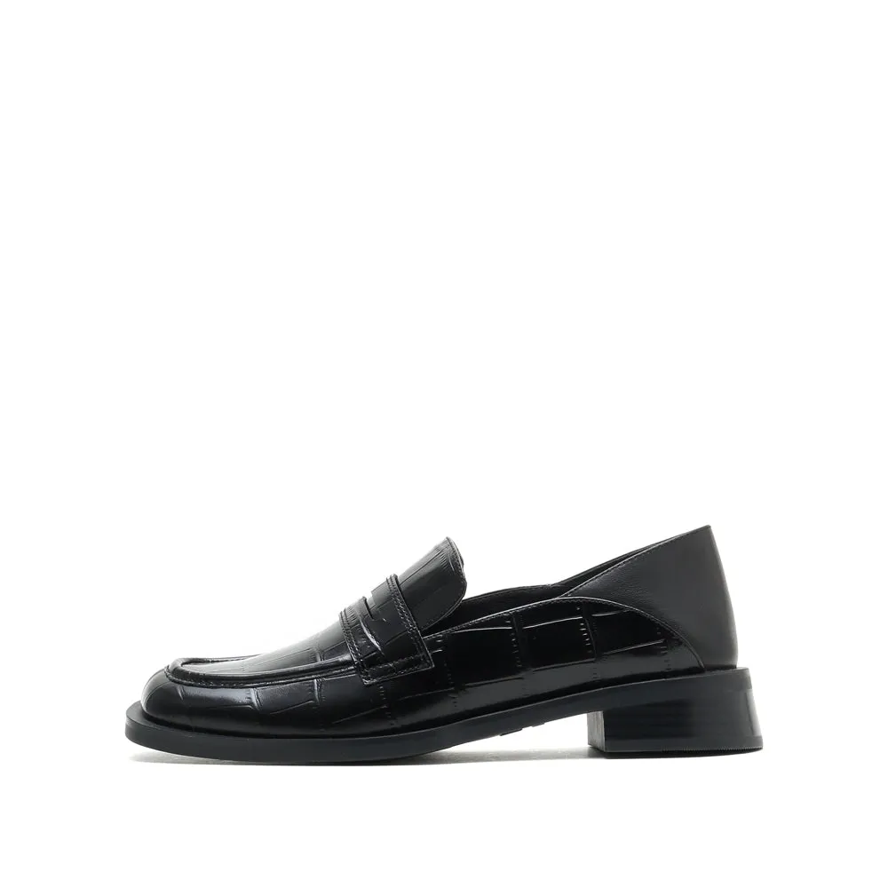 Black Vintage Embossed Leather Penny Loafers
