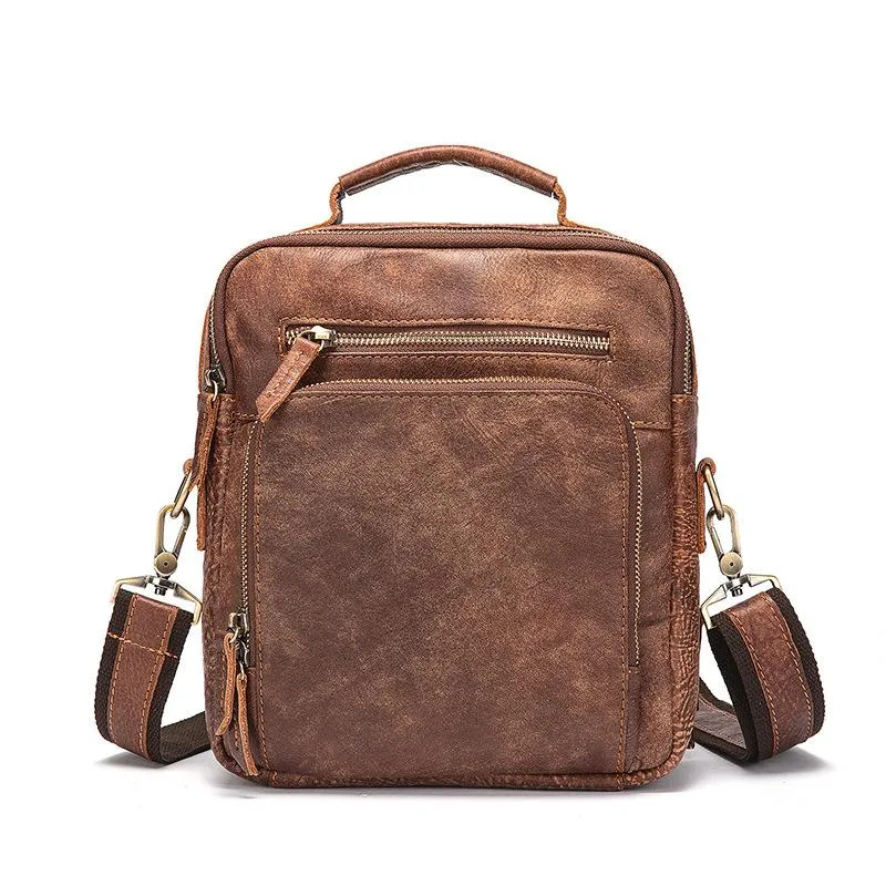 Brown Cool Leather Small Vertical Side Bag Briefcase Messenger Bag Brown Handbag Shoulder Bag For Men