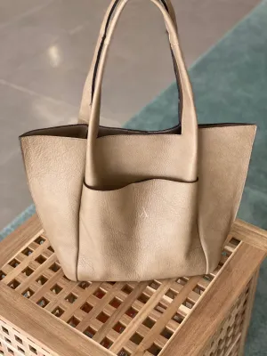 Camel Leather tote bag, Laptop bag with a large outside pocket