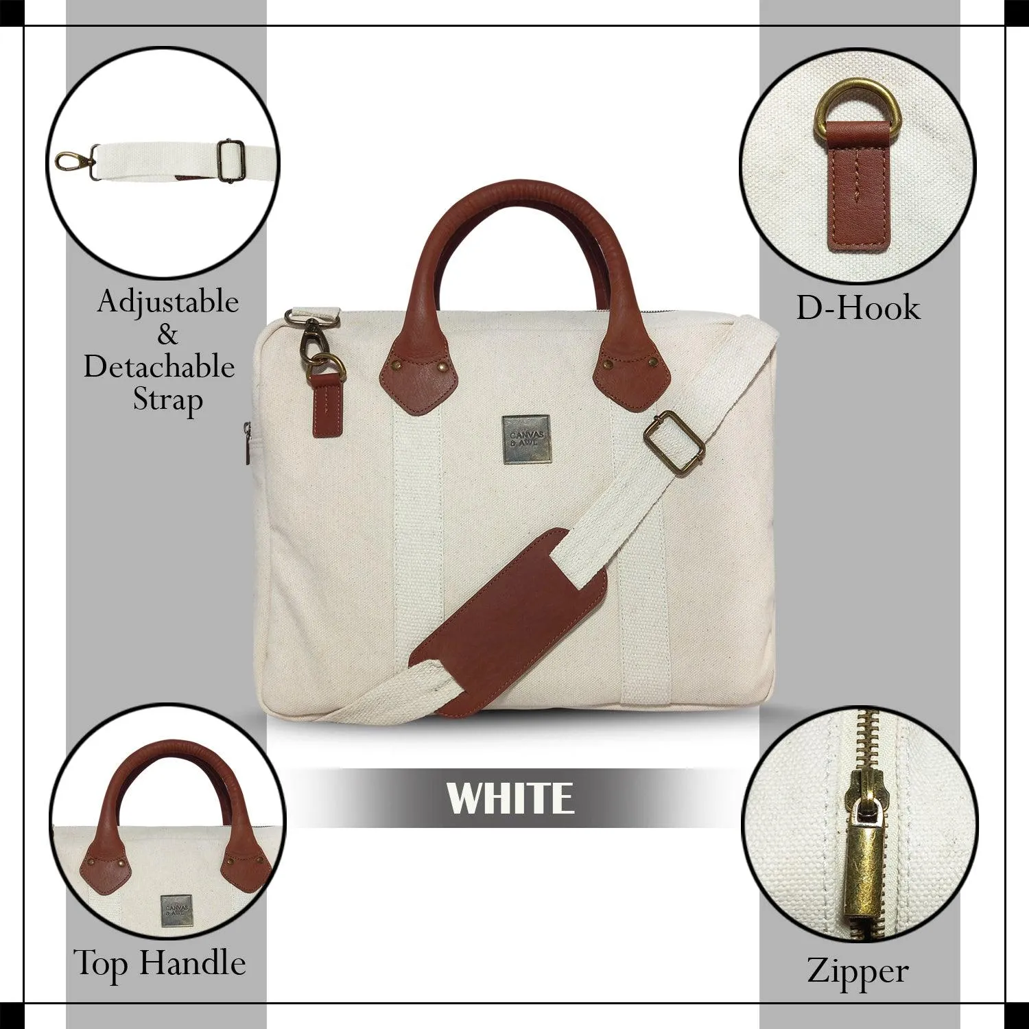 CANVAS & AWL Canvas and Genuine Leather Trim Unisex Laptop Messenger Bag, Travel Crossbody Bag (White)