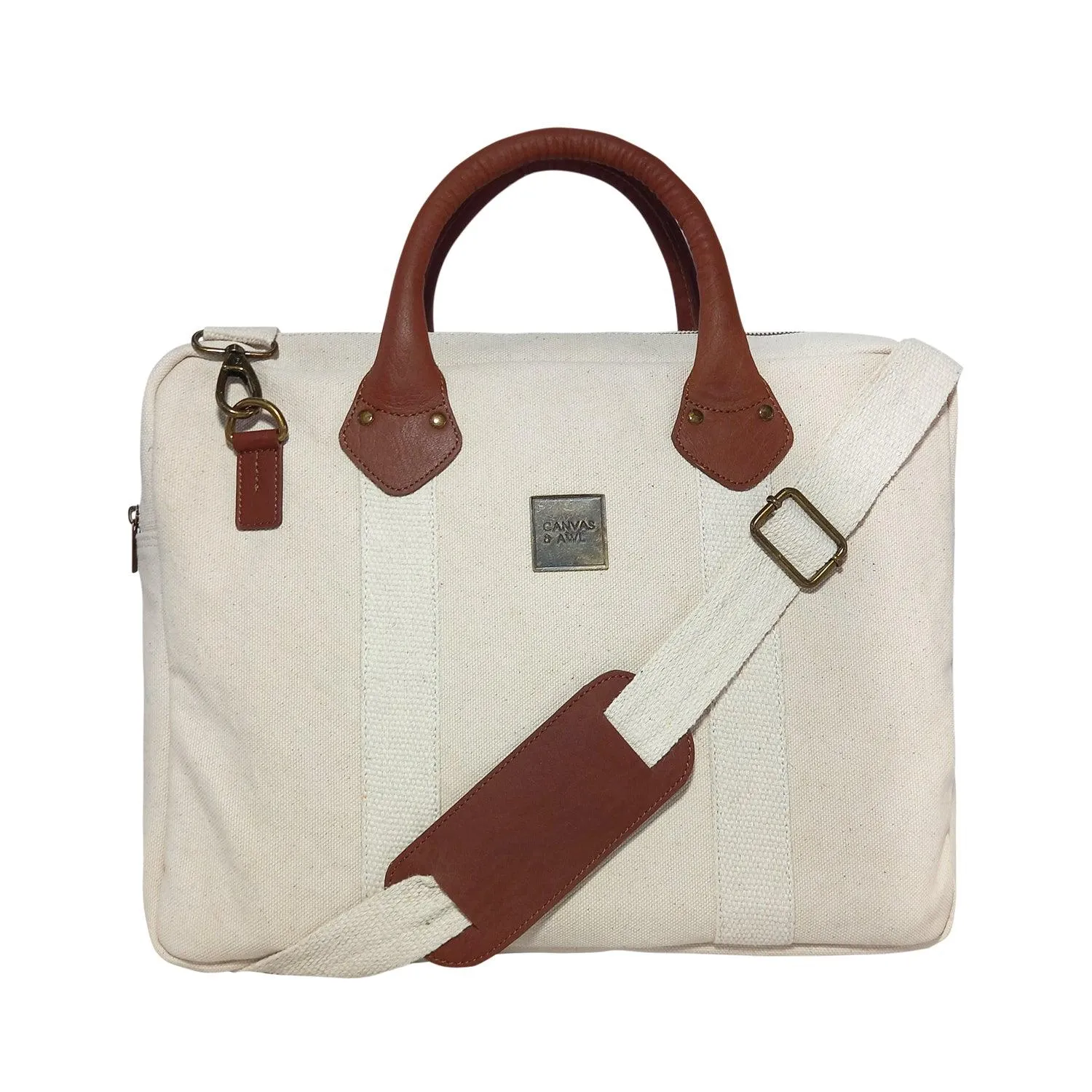 CANVAS & AWL Canvas and Genuine Leather Trim Unisex Laptop Messenger Bag, Travel Crossbody Bag (White)