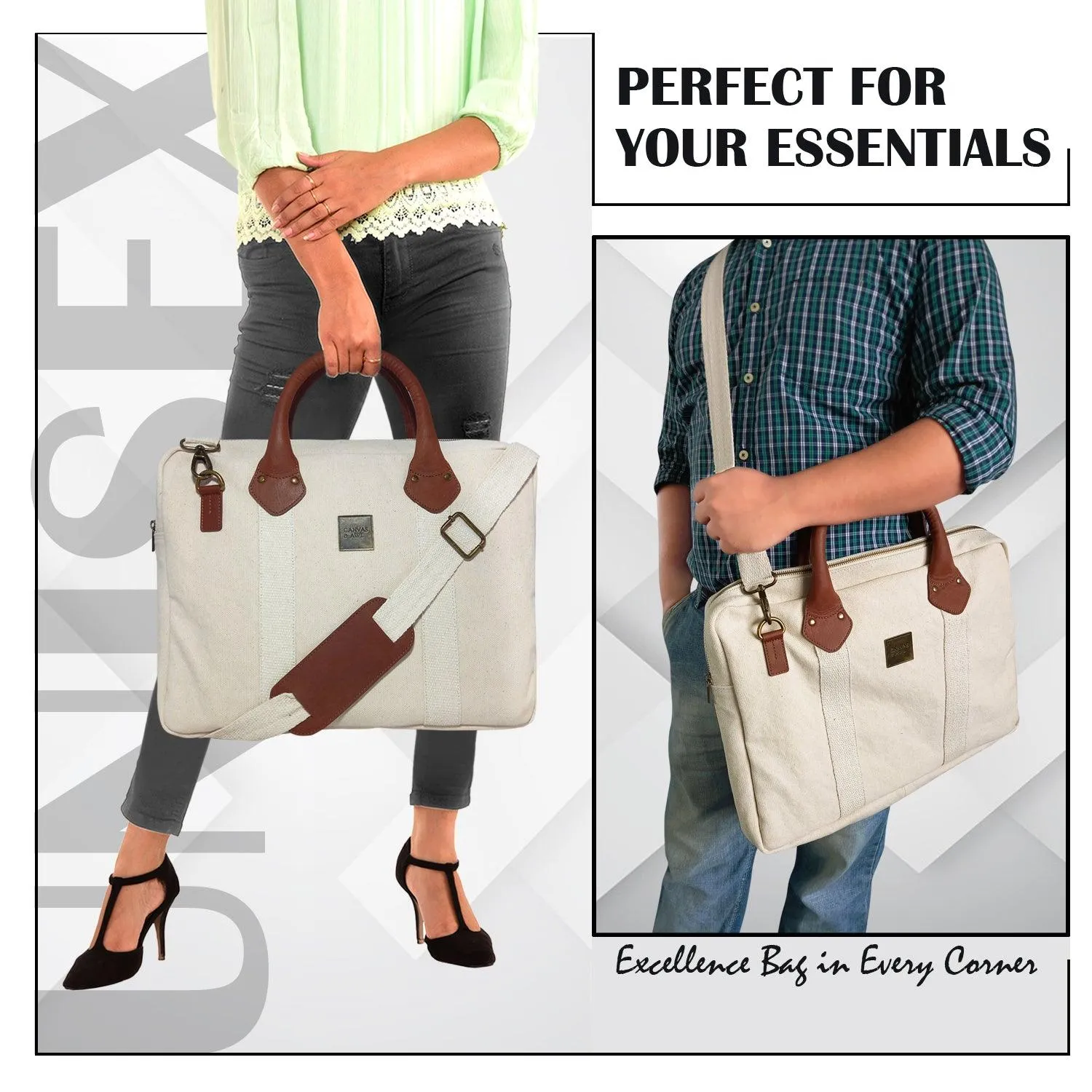 CANVAS & AWL Canvas and Genuine Leather Trim Unisex Laptop Messenger Bag, Travel Crossbody Bag (White)