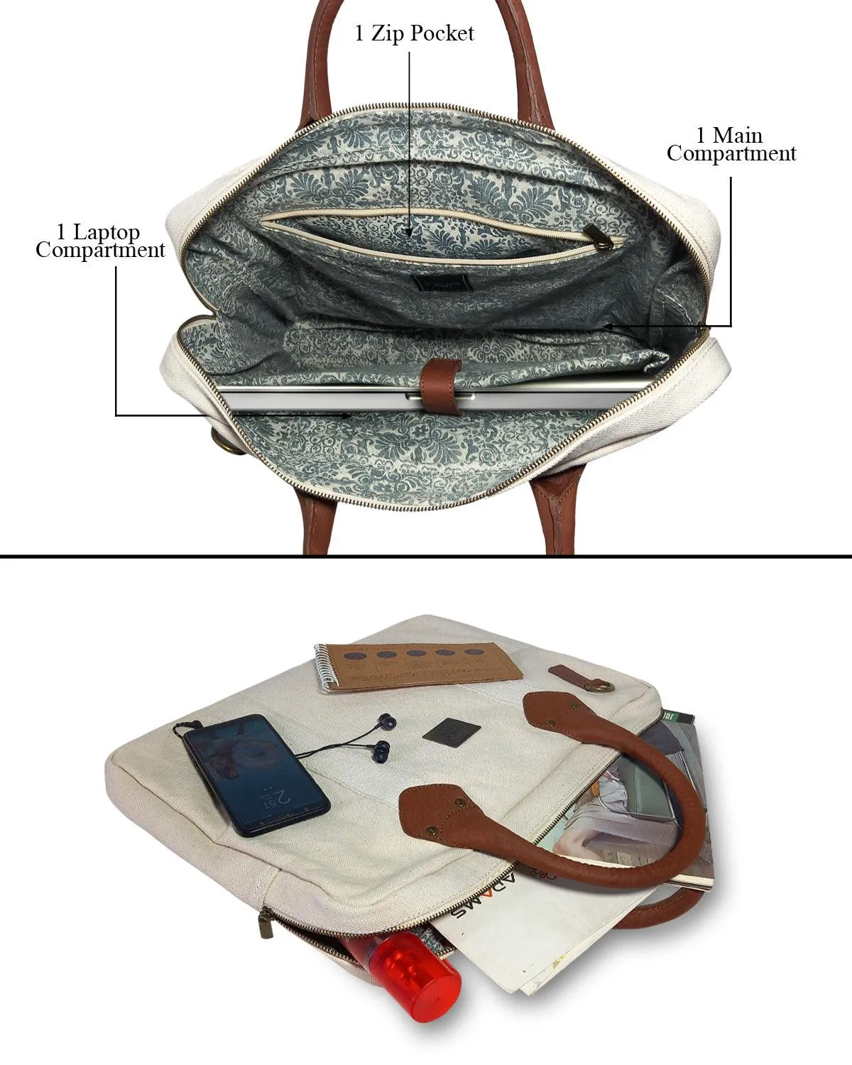 CANVAS & AWL Canvas and Genuine Leather Trim Unisex Laptop Messenger Bag, Travel Crossbody Bag (White)