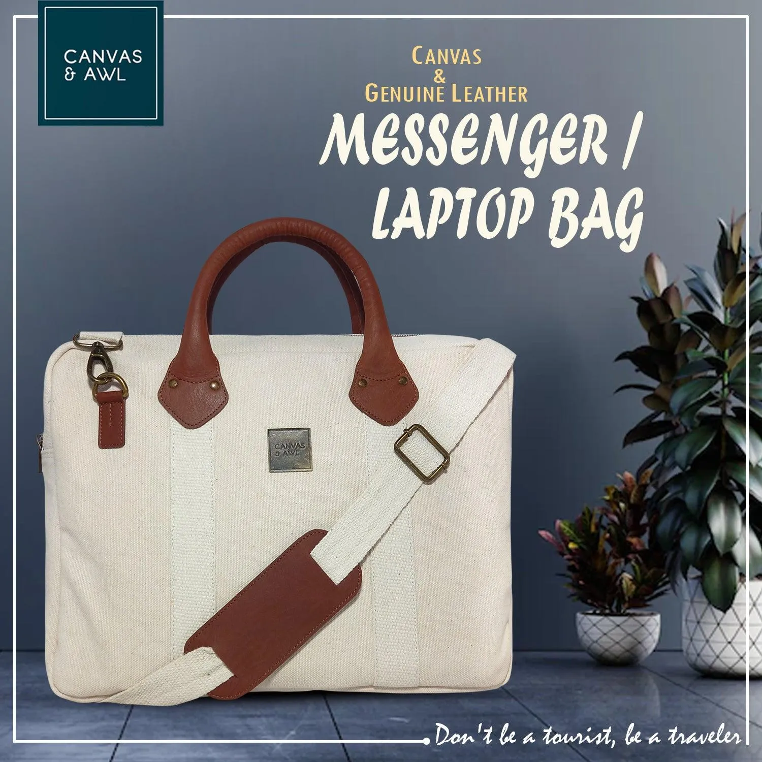CANVAS & AWL Canvas and Genuine Leather Trim Unisex Laptop Messenger Bag, Travel Crossbody Bag (White)