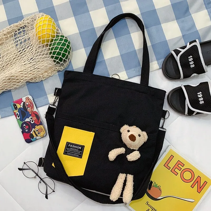 Christmas Gift Simple Women Package Print Cute Bear Canvas Bag Handbags Japanese Literary Shoulder Bag Casual Shopping Tote Girl Handbag