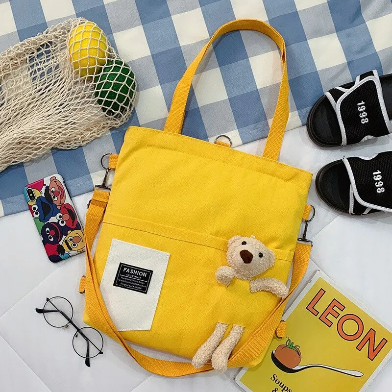 Christmas Gift Simple Women Package Print Cute Bear Canvas Bag Handbags Japanese Literary Shoulder Bag Casual Shopping Tote Girl Handbag
