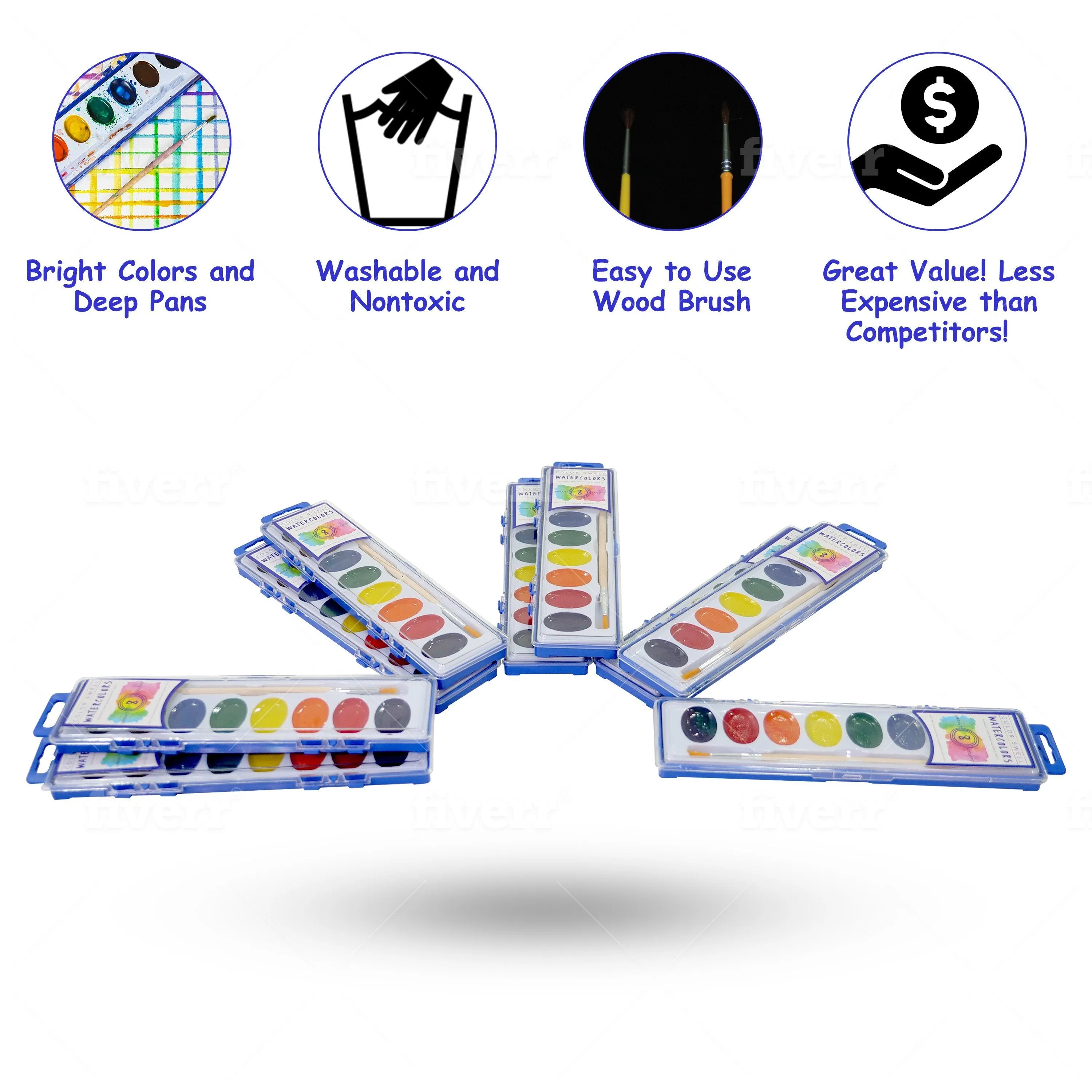 Color Swell Best Watercolor Paints Bulk Pack (10 Packs, 8 Colors/Pack)