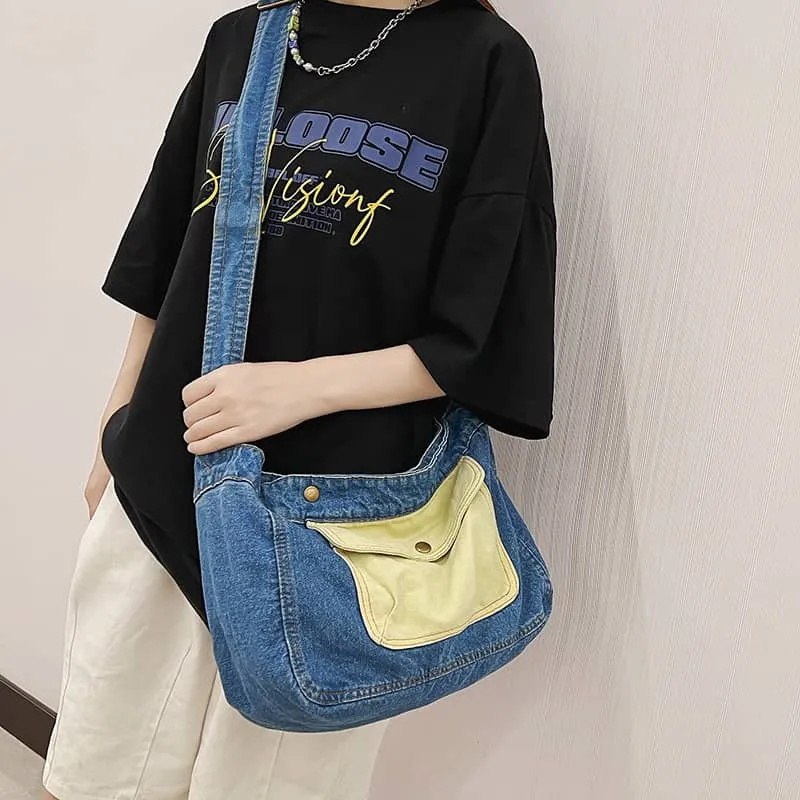 Contrast Denim Messenger Bag
