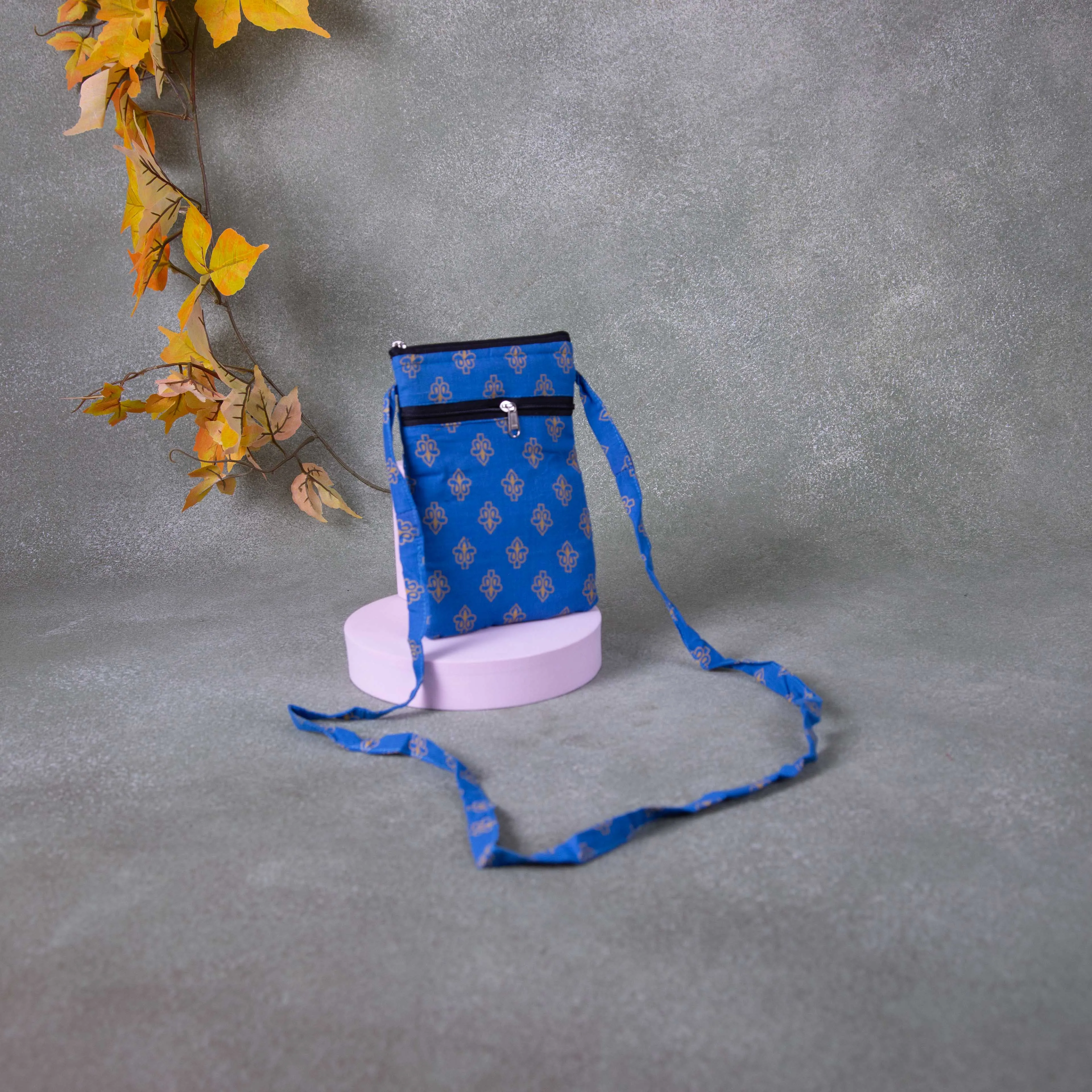 Daily Sling Blue Colour with Golden Small Flower Prints