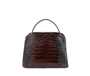 flo&sue Croc-Embossed Brown Italian Leather Small Tote