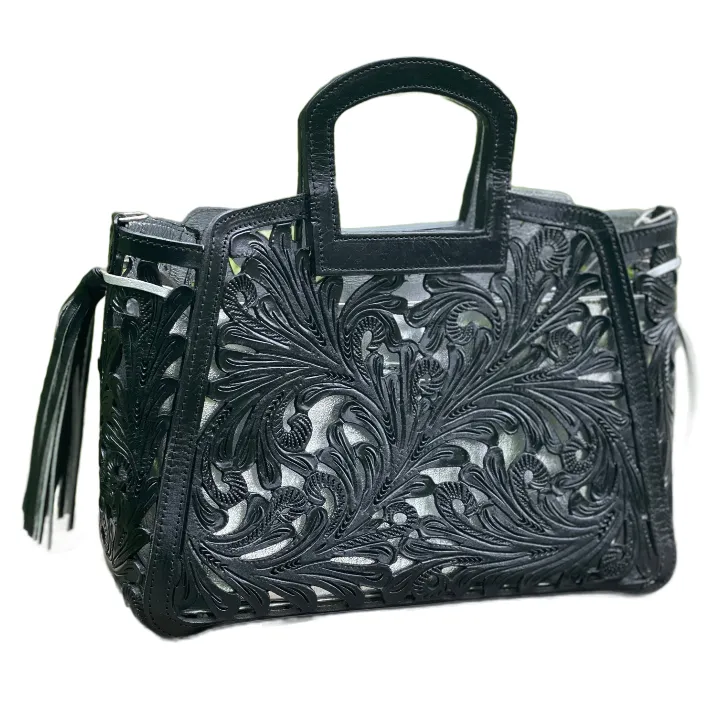 Hand Cut-Out Tooling Leather, Small Mini Tote & Crossbody "NOTA SPIKES" by ALLE