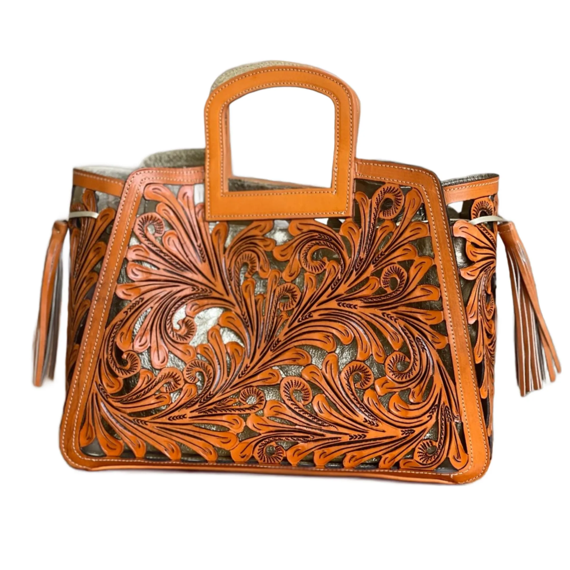 Hand Cut-Out Tooling Leather, Small Mini Tote & Crossbody "NOTA SPIKES" by ALLE