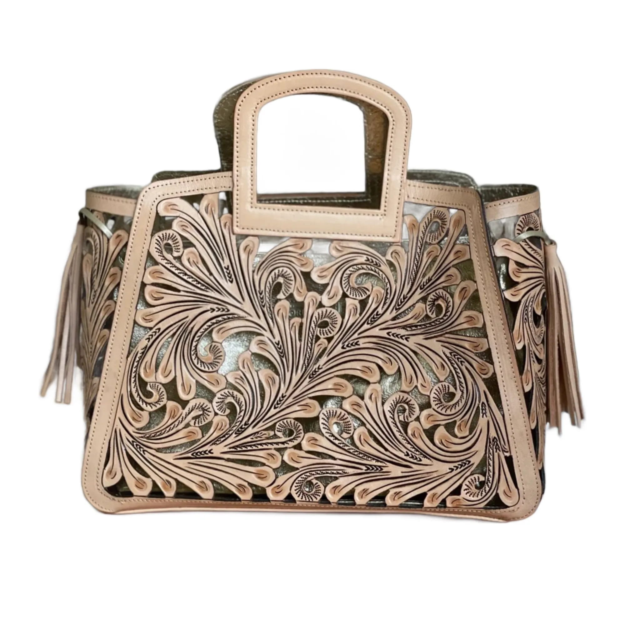 Hand Cut-Out Tooling Leather, Small Mini Tote & Crossbody "NOTA SPIKES" by ALLE