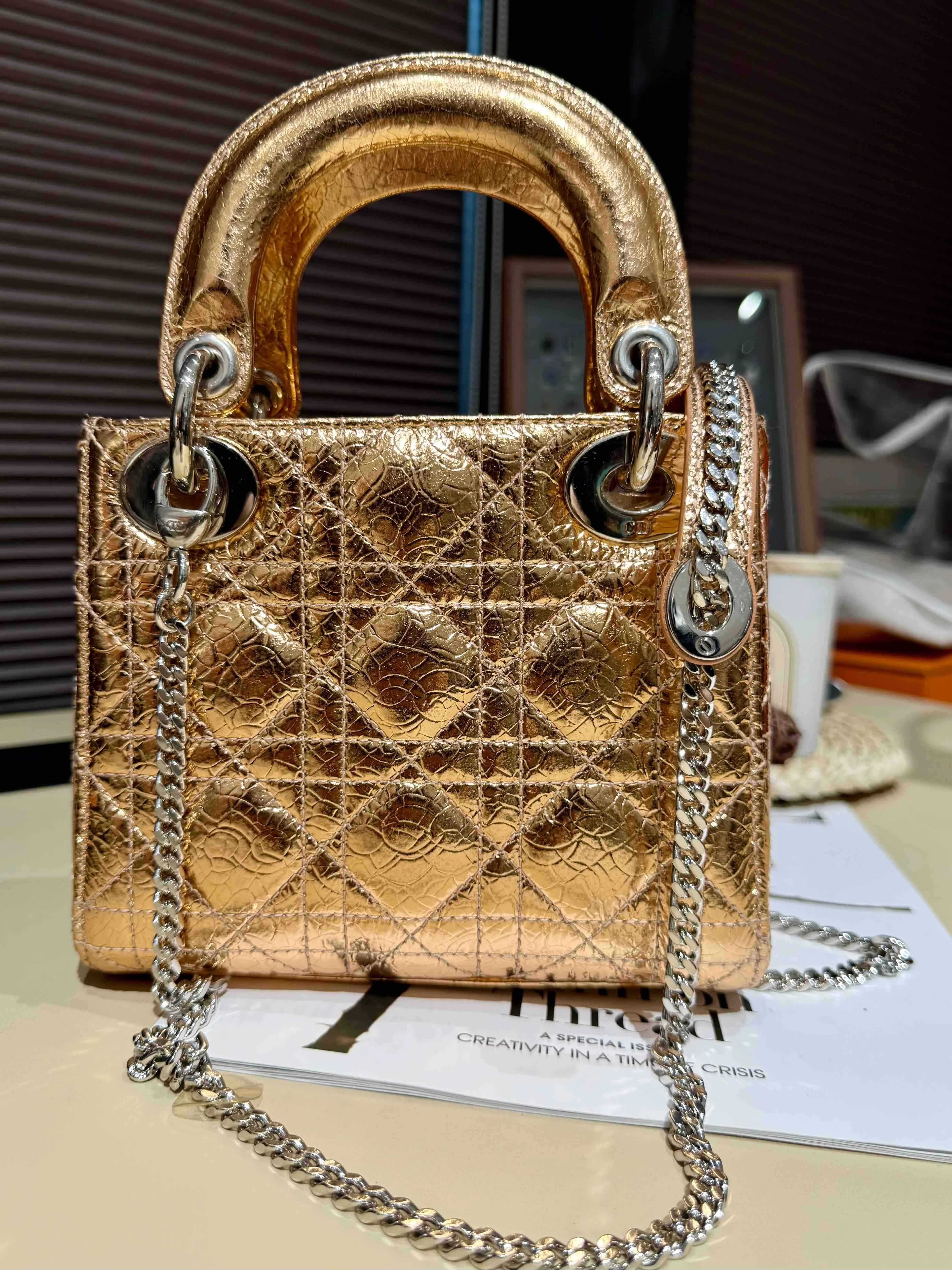 Preloved Dior Lady Dior Metallic Calfskin Gold Small Tote Bag (2016)