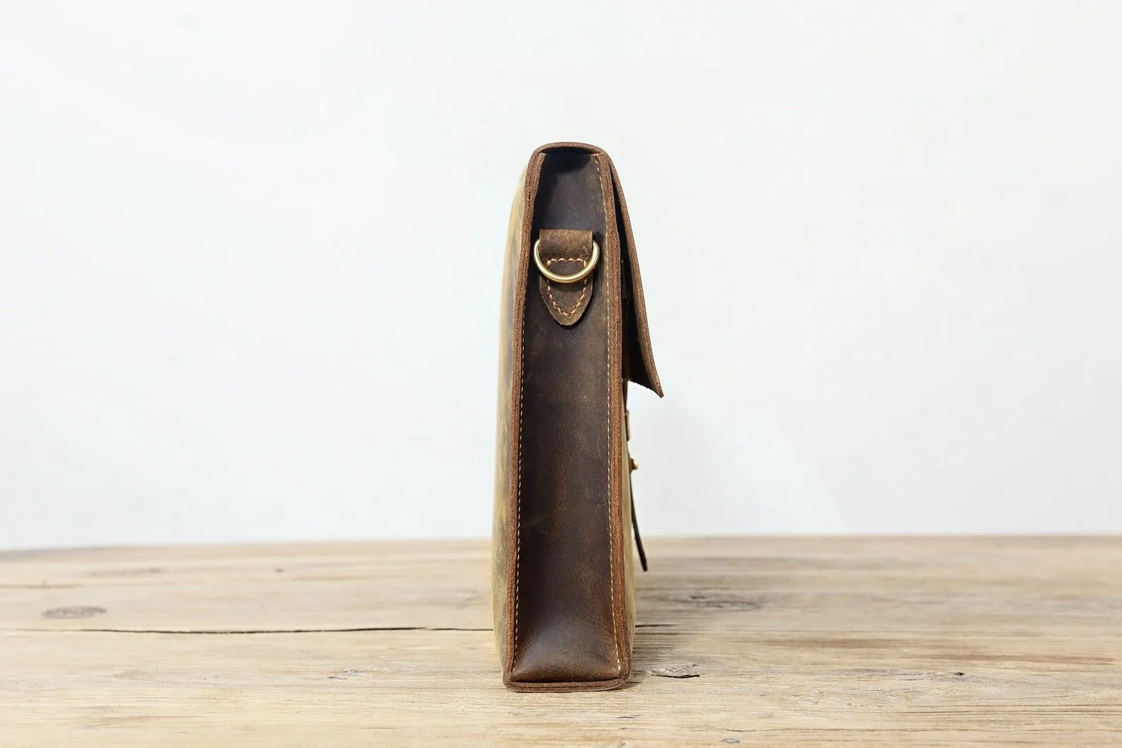 Rustic distressed brown leather shoulder messenger bag