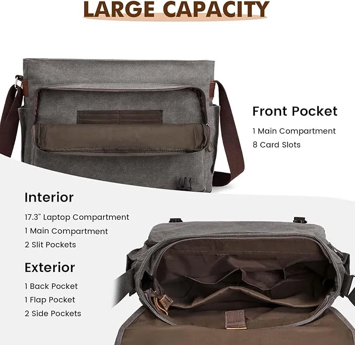 S-ZONE 17.3 Inches Laptop Messenger Bag Extra Large Men Canvas Briefcase Crossbody Satchel Shoulder Bag with Luggage Sleeve
