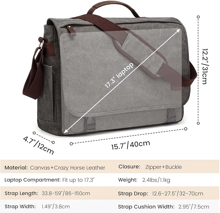 S-ZONE 17.3 Inches Laptop Messenger Bag Extra Large Men Canvas Briefcase Crossbody Satchel Shoulder Bag with Luggage Sleeve