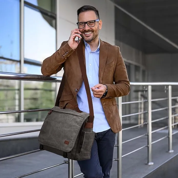 S-ZONE 17.3 Inches Laptop Messenger Bag Extra Large Men Canvas Briefcase Crossbody Satchel Shoulder Bag with Luggage Sleeve