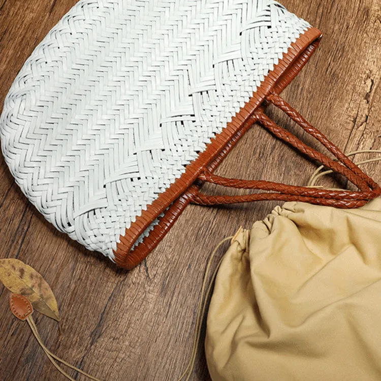 Womens White Leather Woven Handbags Woven Leather Tote Bag